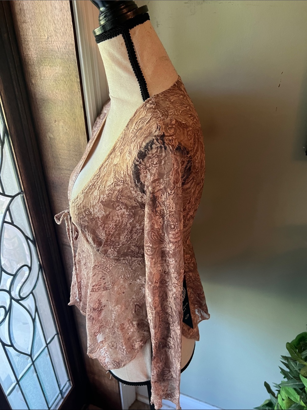 Madden Girl Taupe Lace-Texture Deep V Tie-Front Blouse - Picture 3 of 7
